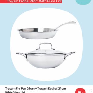 Trayam Fry Pan Kadhai 24cm + Trayam Kadhai 24cm With Glass Lid