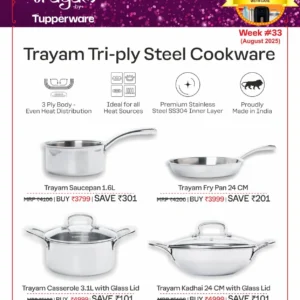 Trayam Saucepan 1.6L + Fry Pan 24cm + Casserole 3.1L + Kadhai 24cm